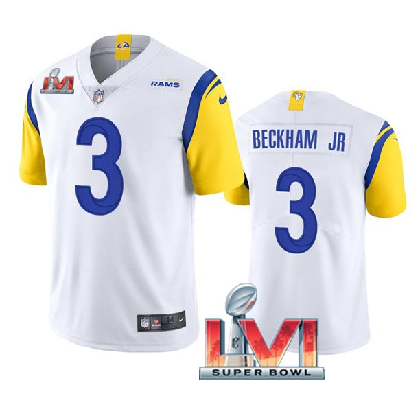 Men's Los Angeles Rams #3 Odell Beckham Jr. 2022 White Super Bowl LVI Vapor Limited Stitched Jersey Men's Los Angeles Rams #3 Odell Beckham Jr. 2022 White Super Bowl LVI Vapor Limited Stitched Jersey